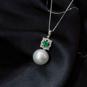 Natural South Sea White Pearl Necklace 12.2mm, Emerald 0.28ct, Diamond 0.20ct Platinum Pt950
